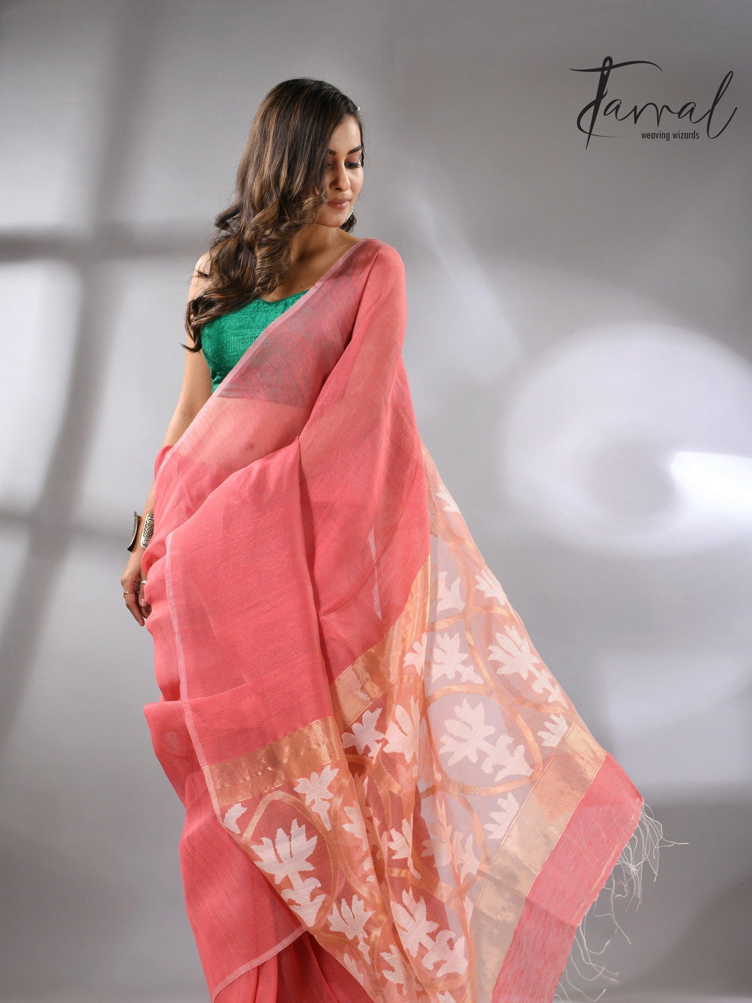 Coral Pink Handwoven Jamdani Saree with White & Golden Lotus Motif left