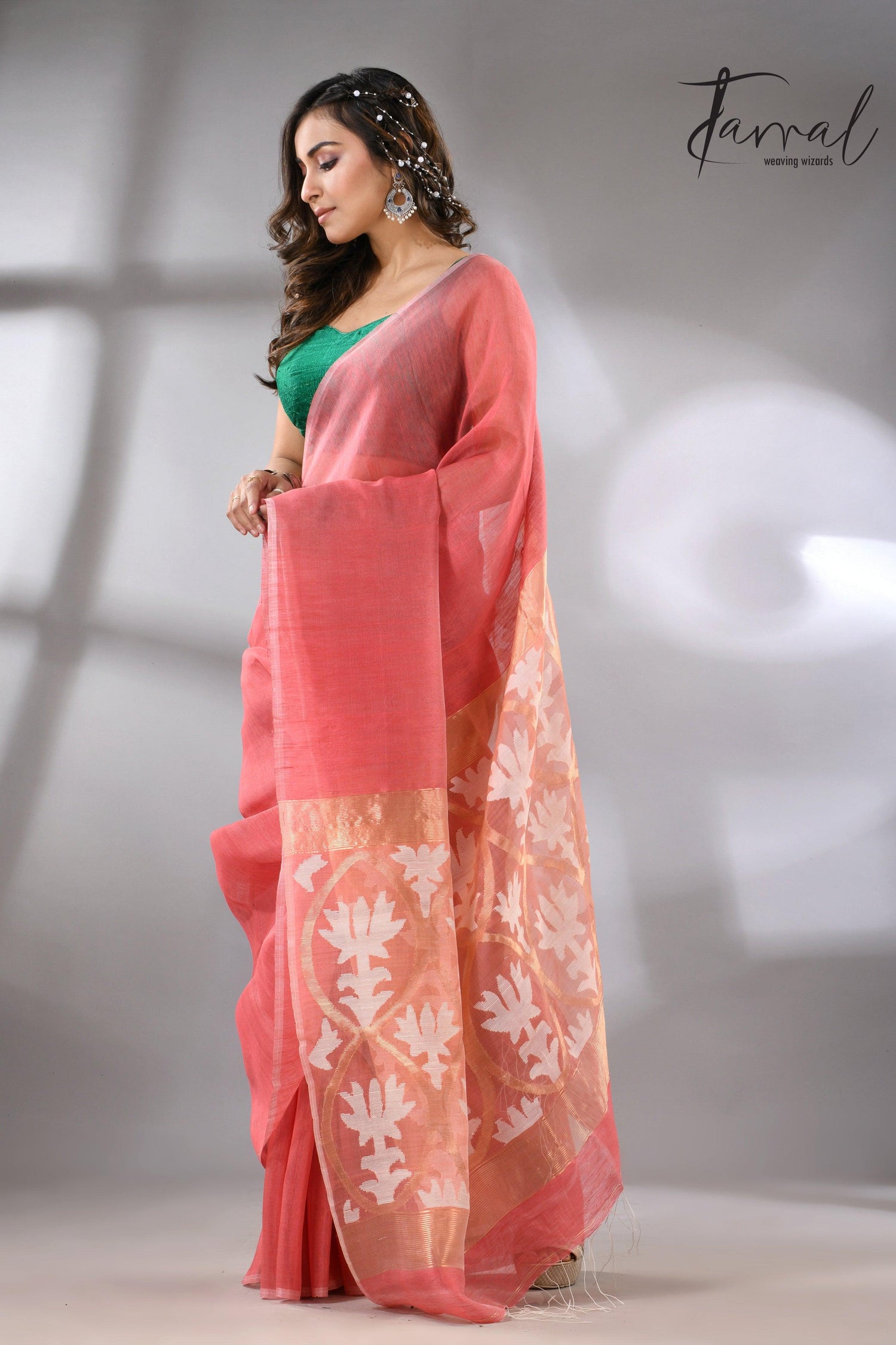 Coral Pink Handwoven Jamdani Saree with White & Golden Lotus Motif left1