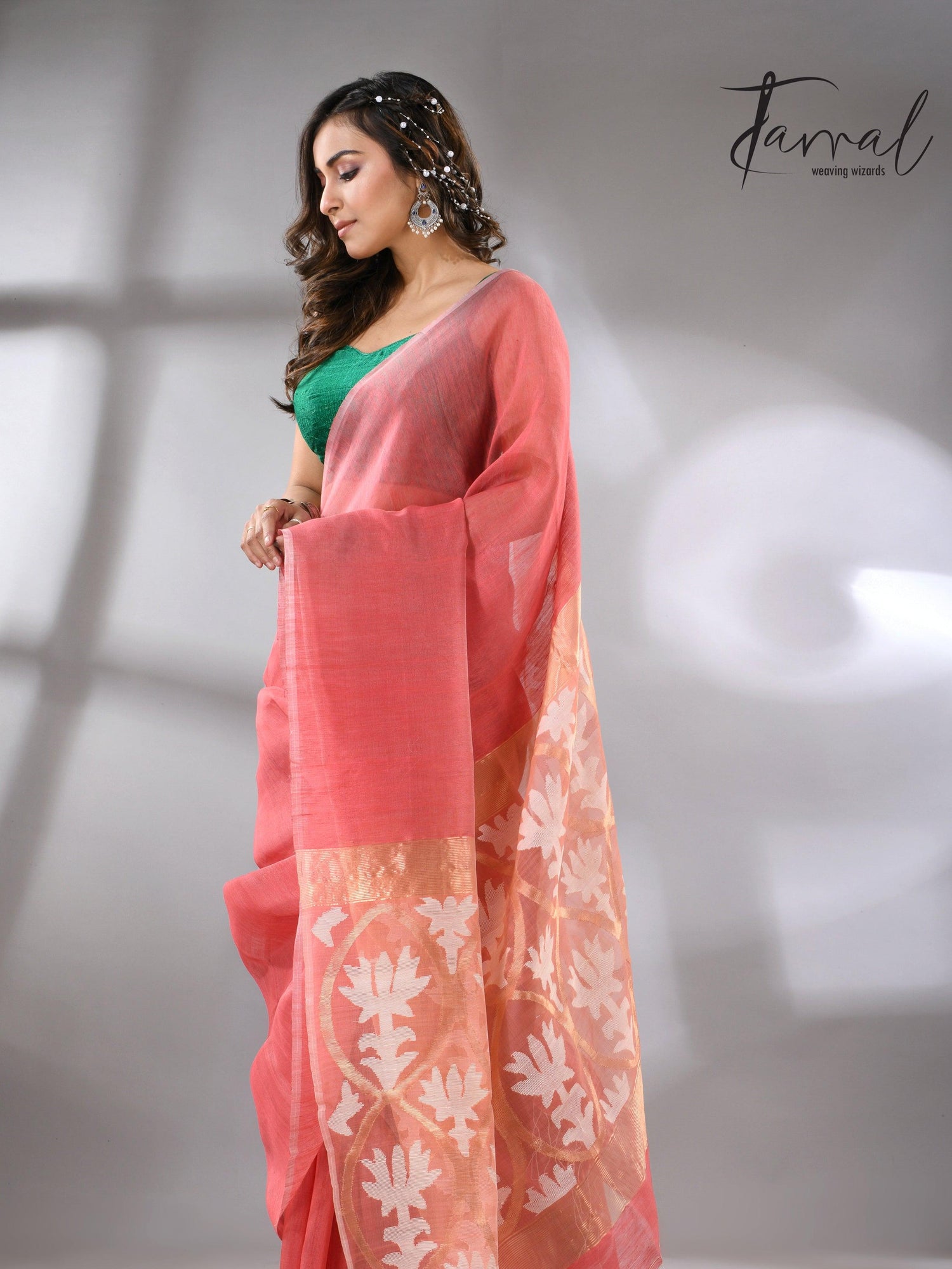 Coral Pink Handwoven Jamdani Saree with White & Golden Lotus Motif left1