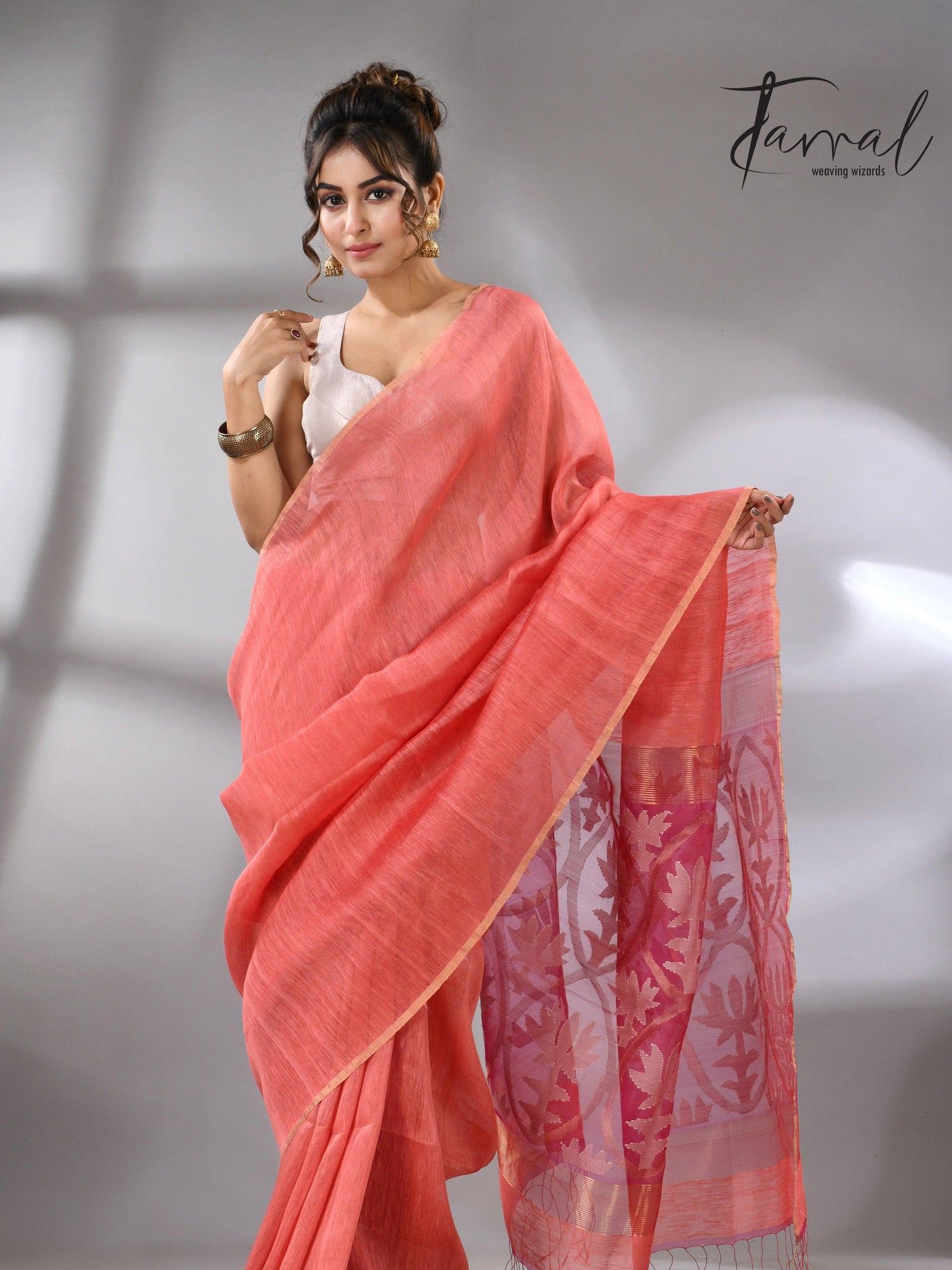 Coral pink lotus silk linen handwoven jamdani saree