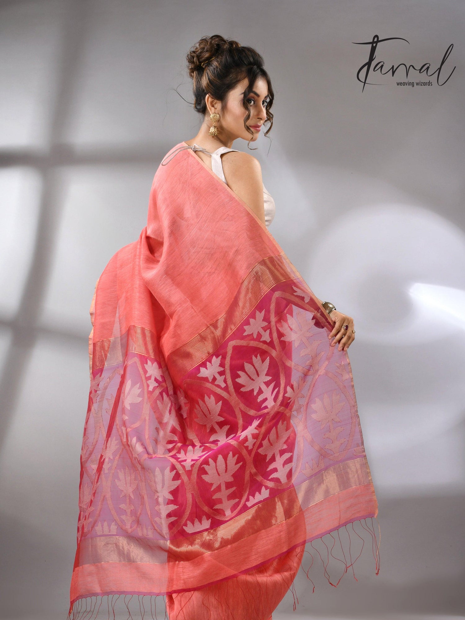 Coral pink lotus silk linen handwoven jamdani saree back