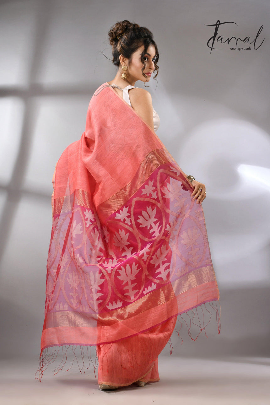 Coral pink lotus silk linen handwoven jamdani saree back