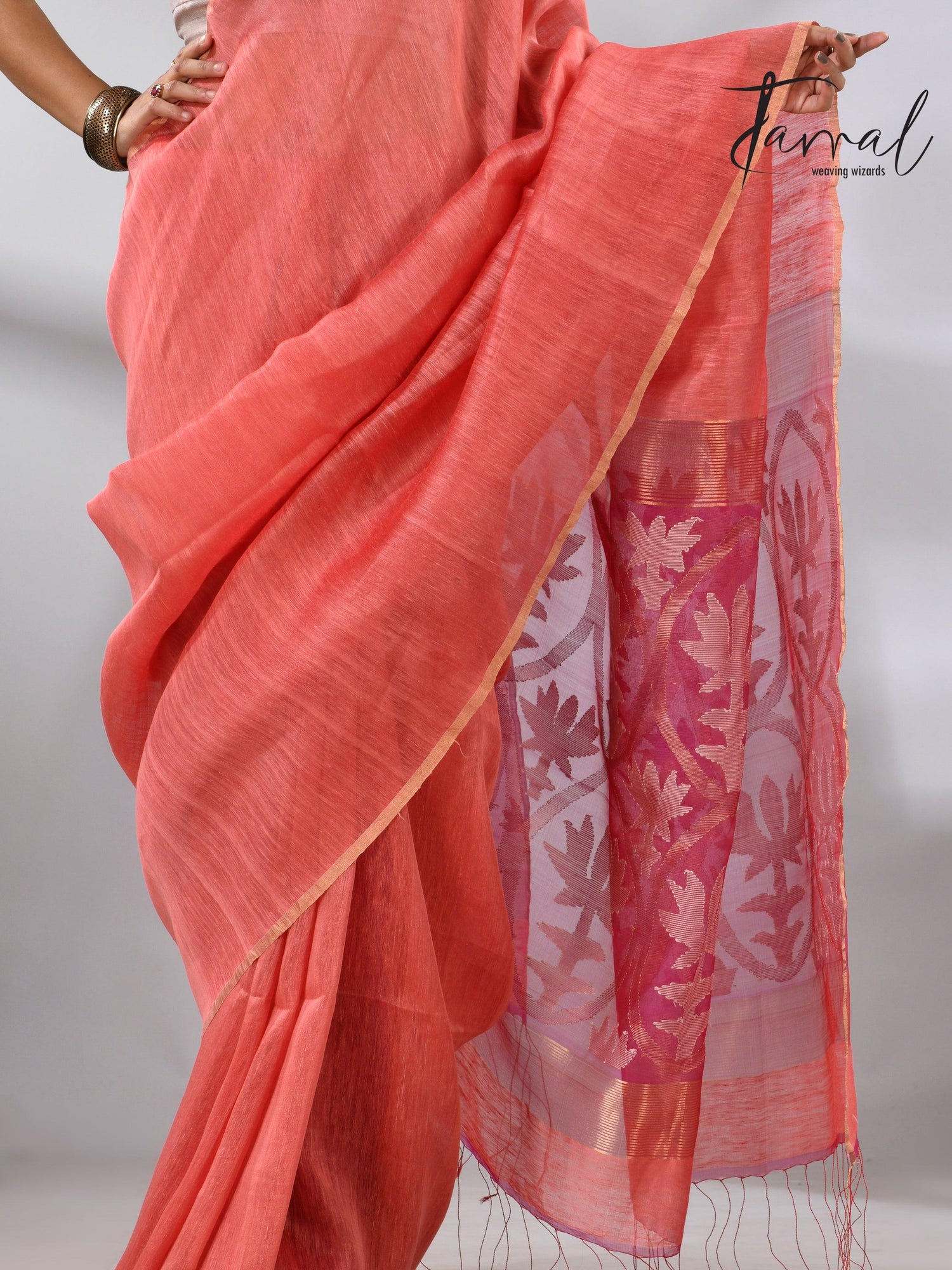 Coral pink lotus silk linen handwoven jamdani saree bottom