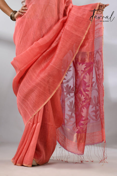 Coral pink lotus silk linen handwoven jamdani saree bottom