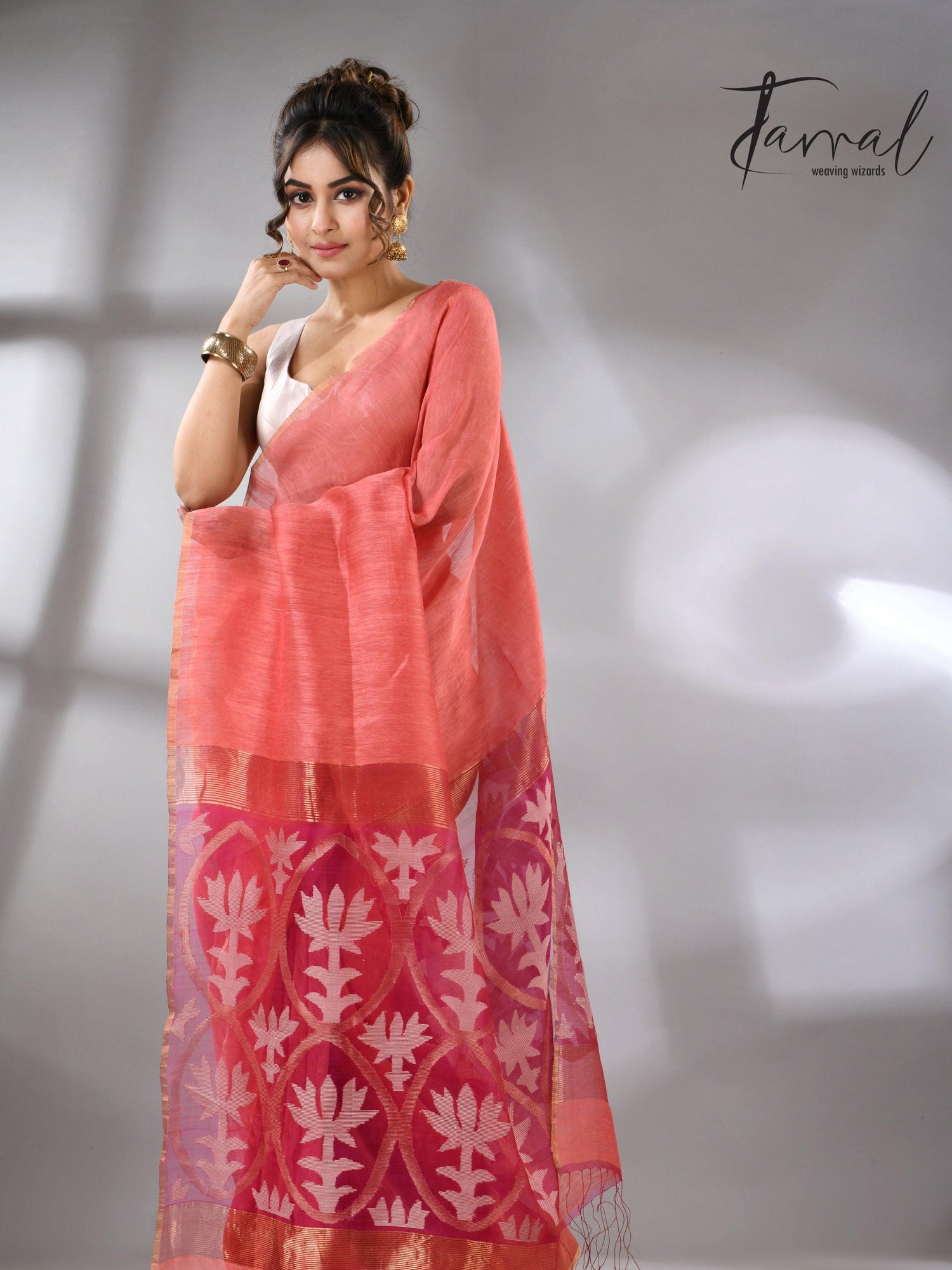 Coral pink lotus silk linen handwoven jamdani saree full
