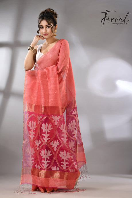 Coral pink lotus silk linen handwoven jamdani saree full