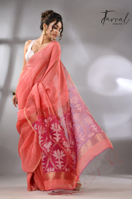 Coral pink lotus silk linen handwoven jamdani saree full3