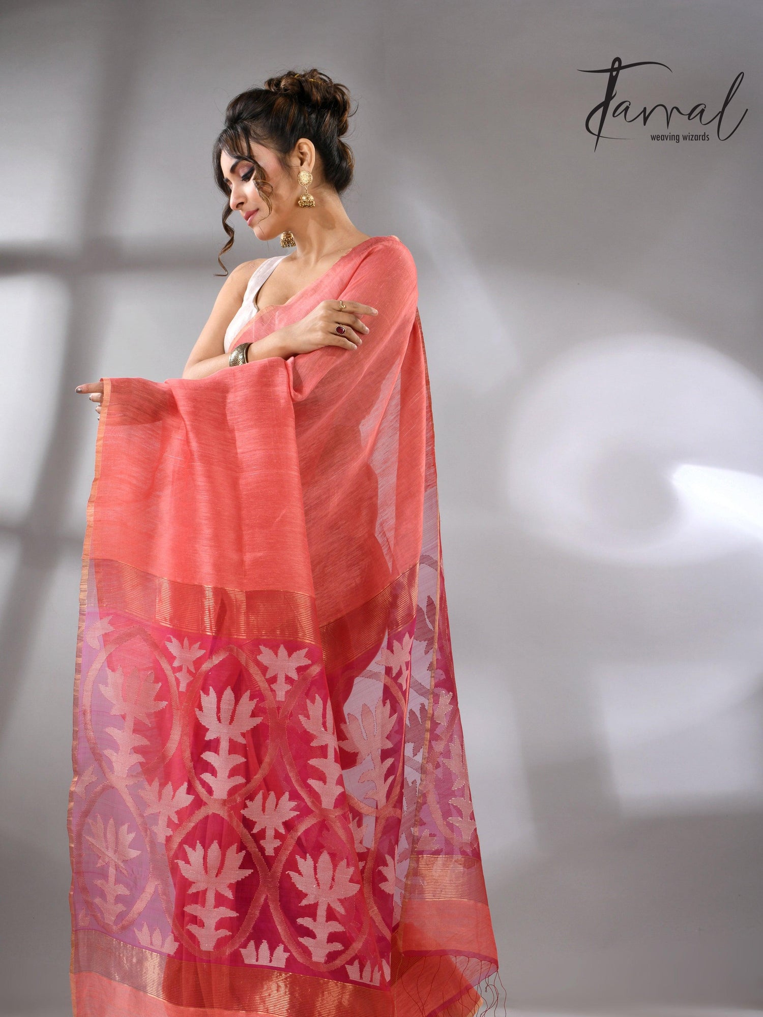 Coral pink lotus silk linen handwoven jamdani saree full