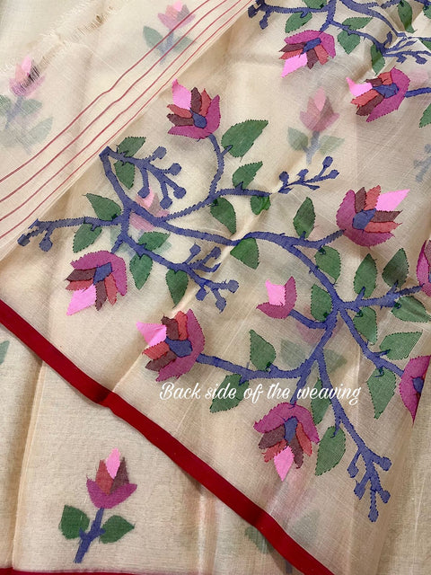 Cream colour with Red border multicolour  floral motifs handwoven muslin silk jamdani saree