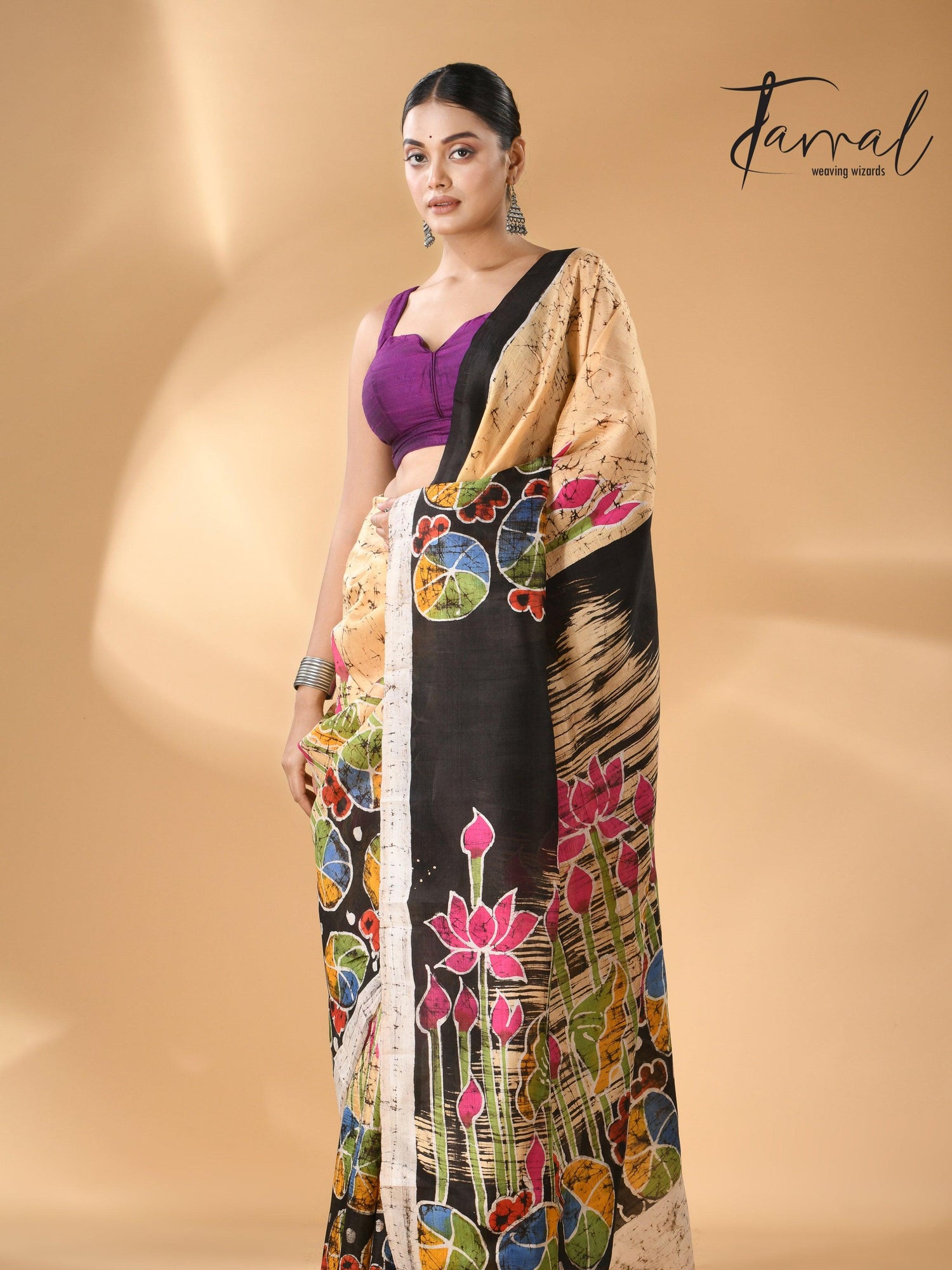 Cream Saree with Multi-Color Lotus Handcrafted Batik Silk Design