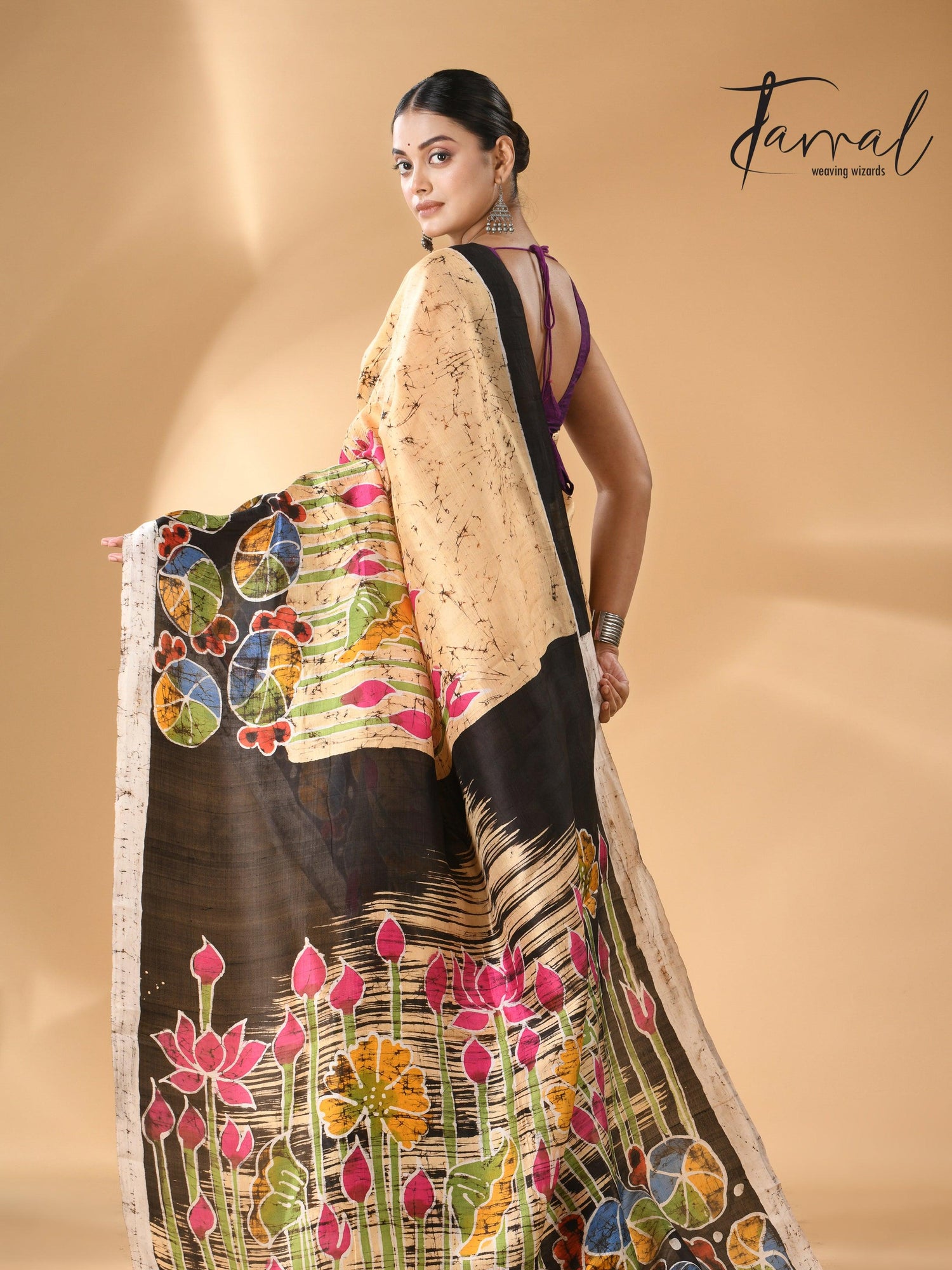 Cream Saree with Multi-Color Lotus Handcrafted Batik Silk Design back