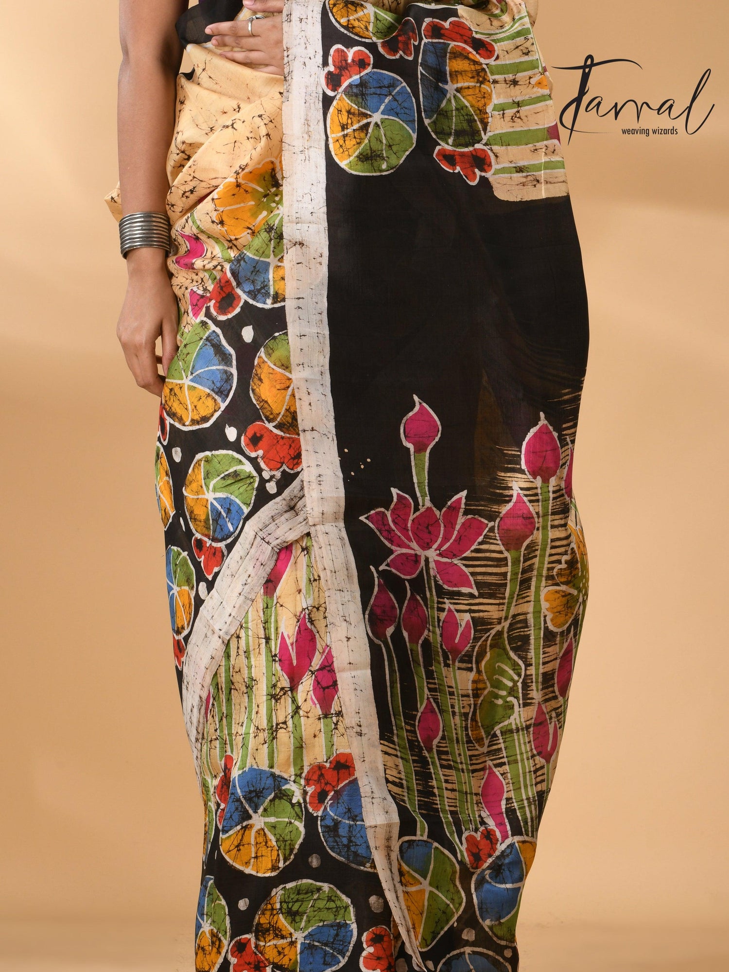 Cream Saree with Multi-Color Lotus Handcrafted Batik Silk Design bottom