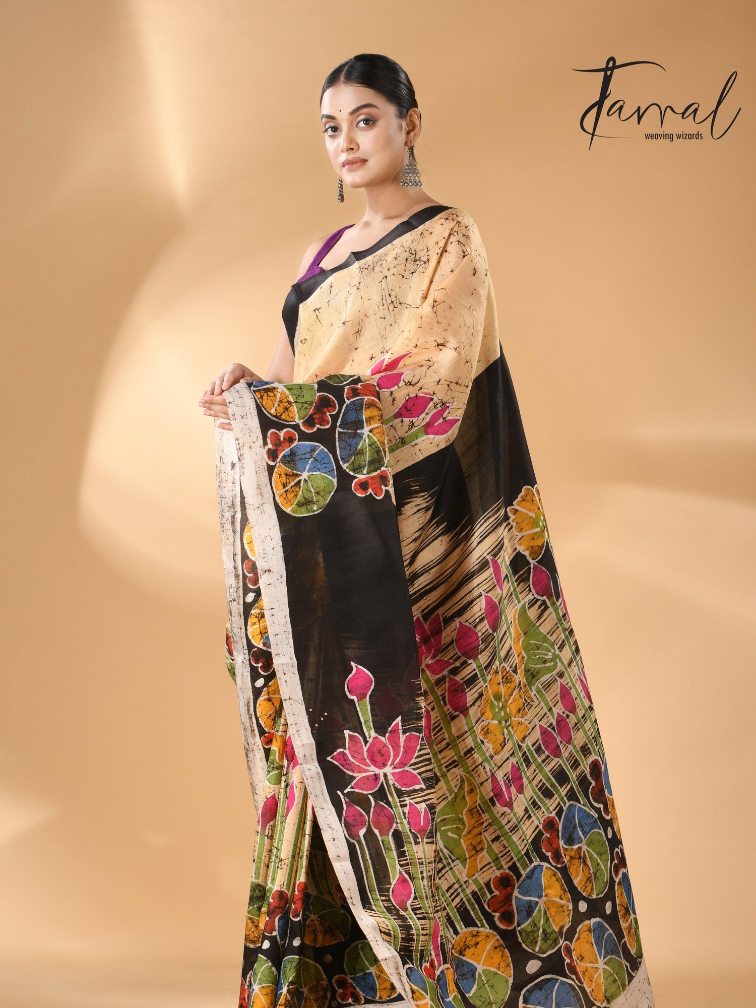 Cream Saree with Multi-Color Lotus Handcrafted Batik Silk Design left