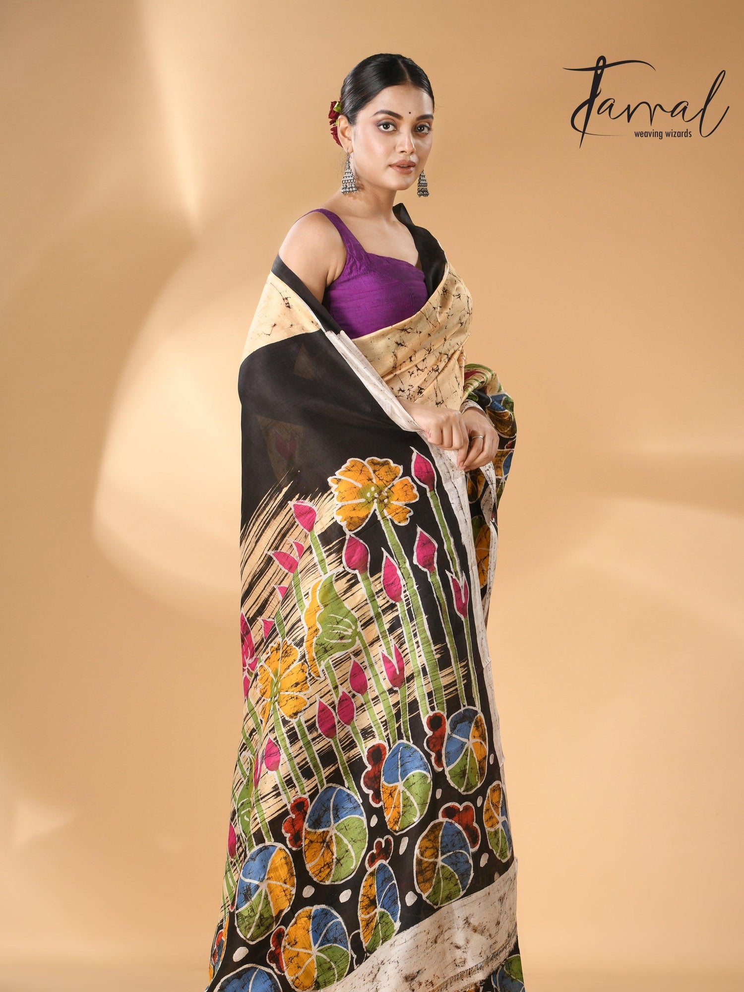 Cream Saree with Multi-Color Lotus Handcrafted Batik Silk Design right