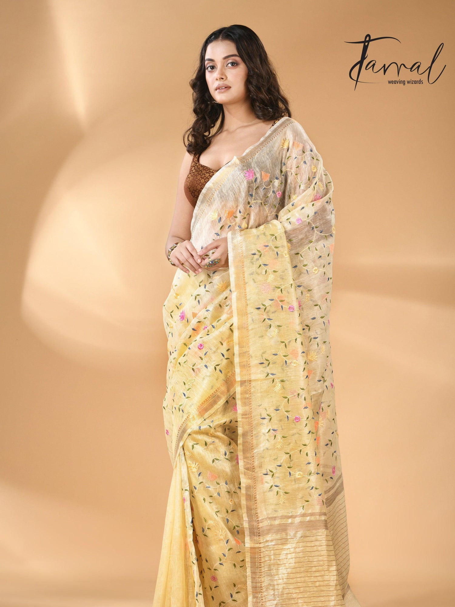 Cream Silk Linen Embroidered Handloom Saree with Zari Border