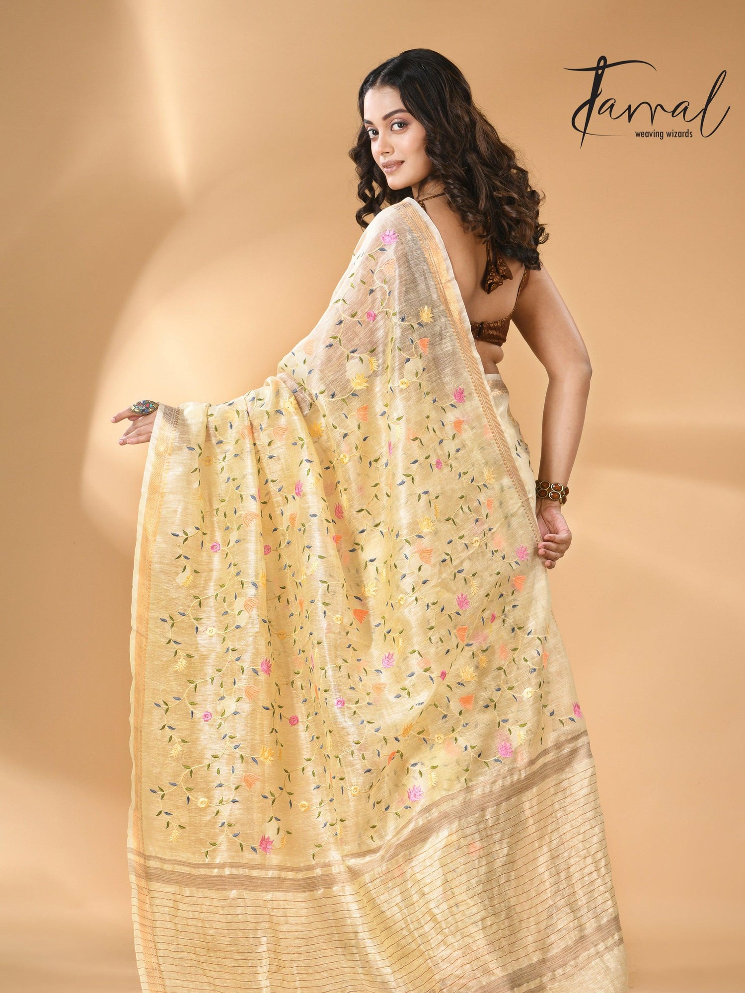 Cream Silk Linen Embroidered Handloom Saree with Zari Border back