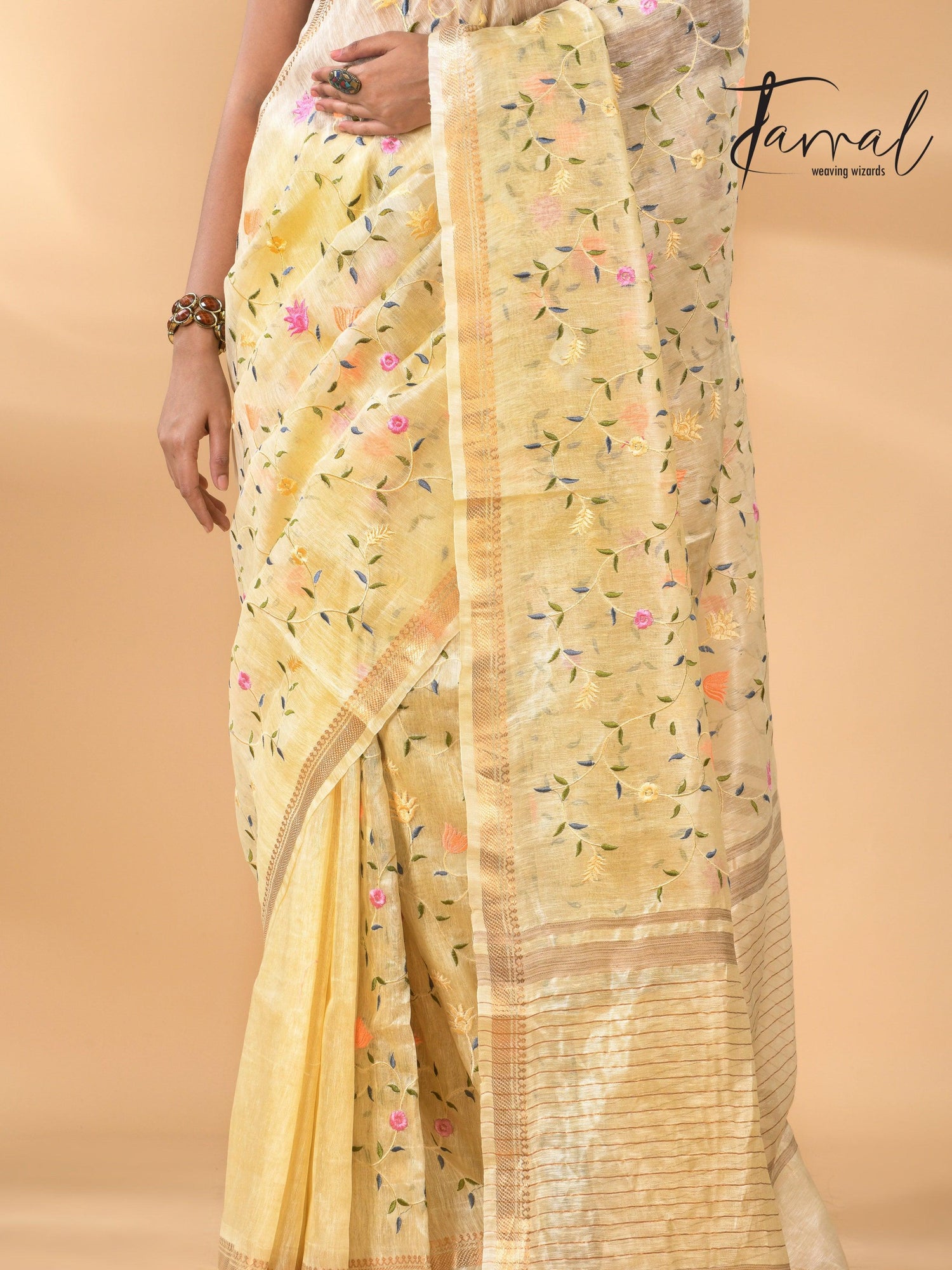 Cream Silk Linen Embroidered Handloom Saree with Zari Border bottom
