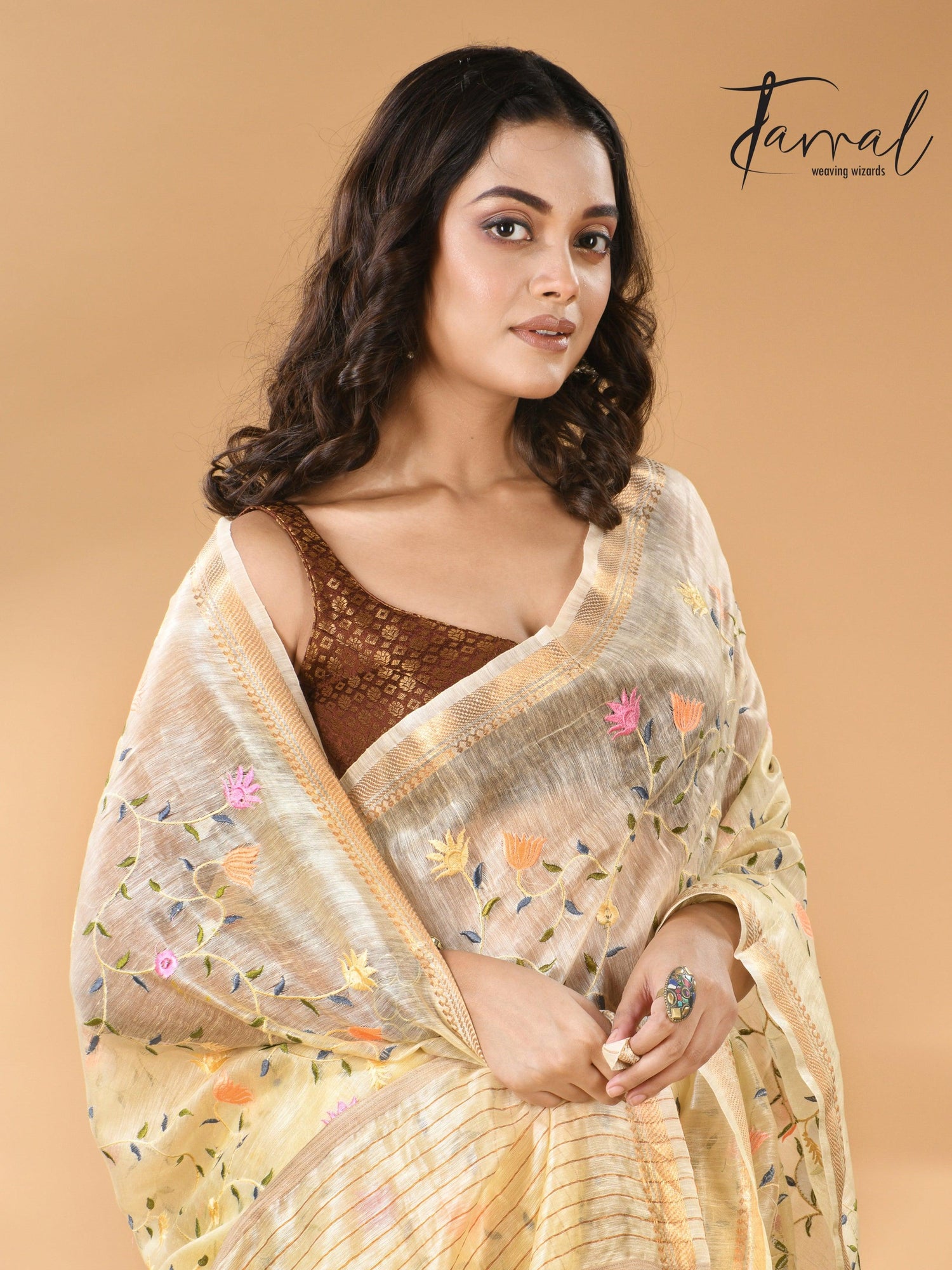 Cream Silk Linen Embroidered Handloom Saree with Zari Border cls