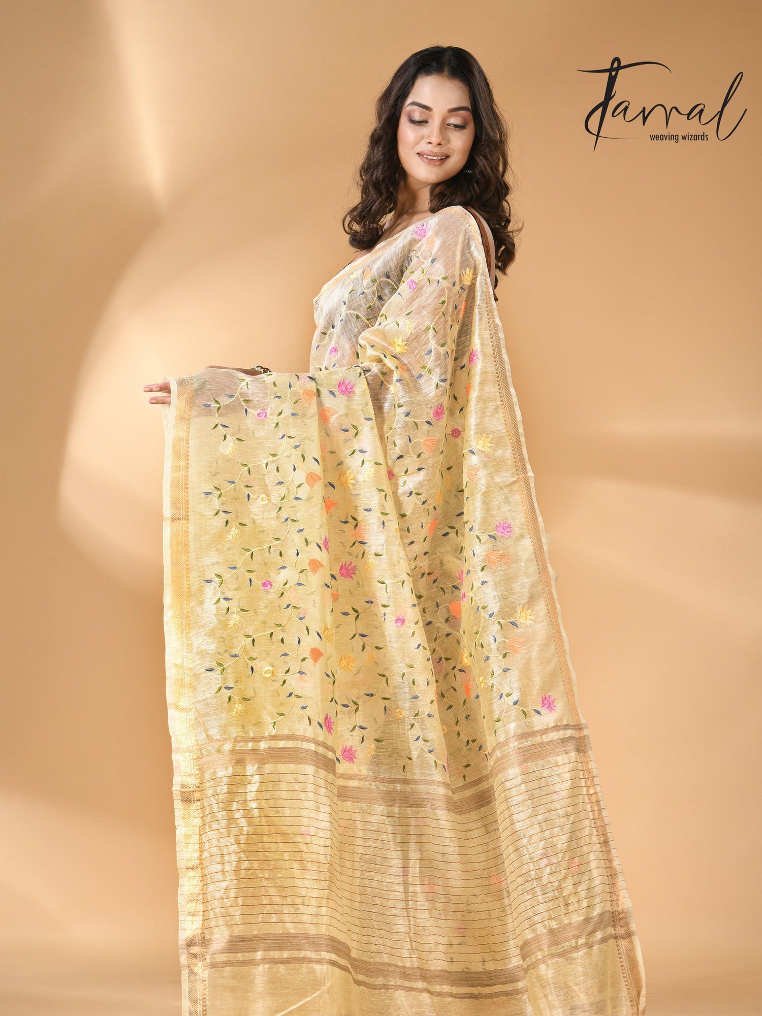 Cream Silk Linen Embroidered Handloom Saree with Zari Border full