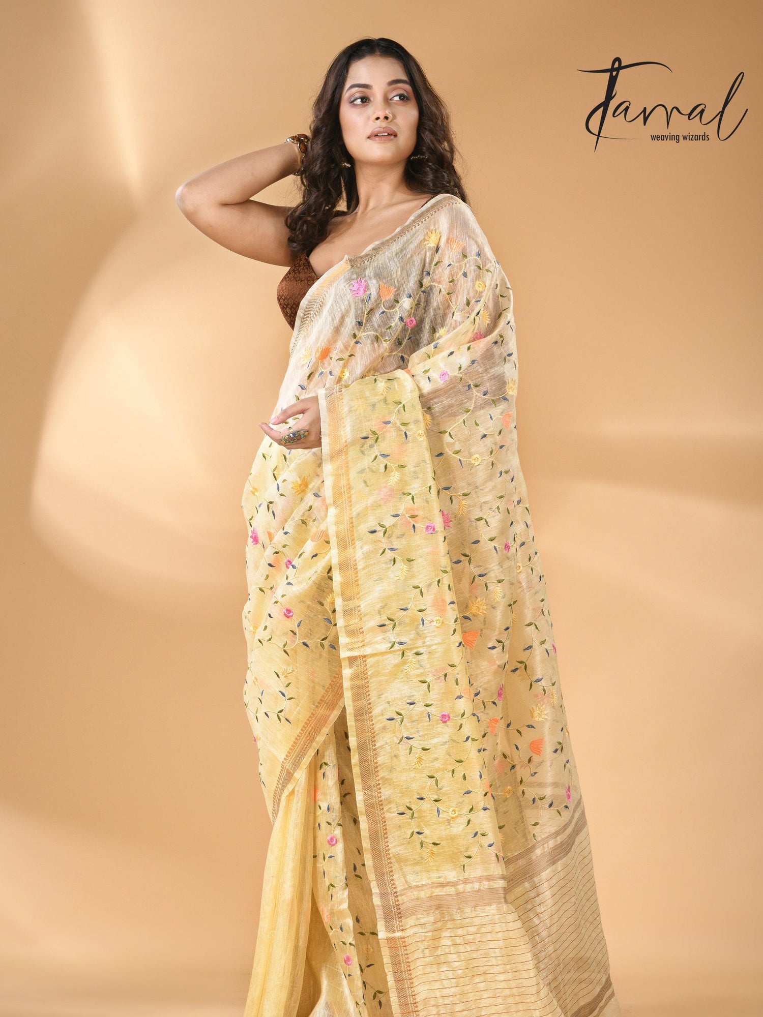 Cream Silk Linen Embroidered Handloom Saree with Zari Border full1