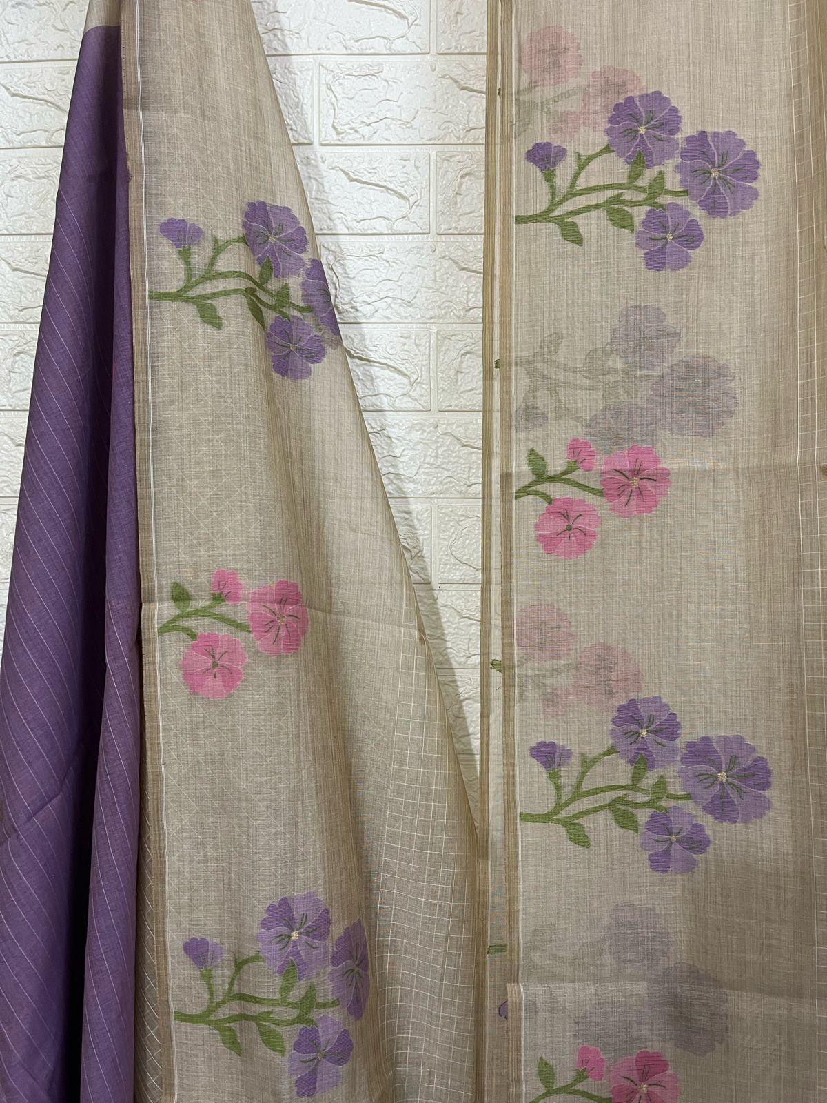 Cream colour with pink & purple floral handloom silk cotton jamdani saree - Tamal Boutique