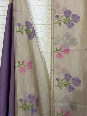 Cream colour with pink & purple floral handloom silk cotton jamdani saree - Tamal Boutique