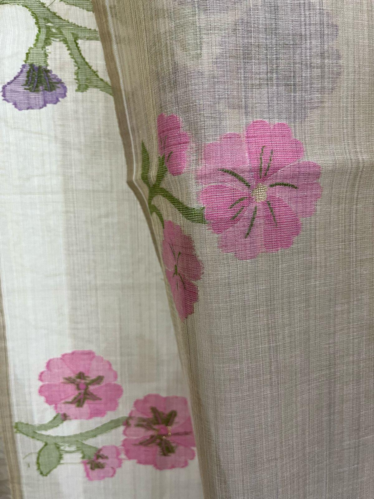 Cream colour with pink & purple floral handloom silk cotton jamdani saree - Tamal Boutique
