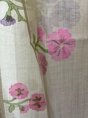 Cream colour with pink & purple floral handloom silk cotton jamdani saree - Tamal Boutique