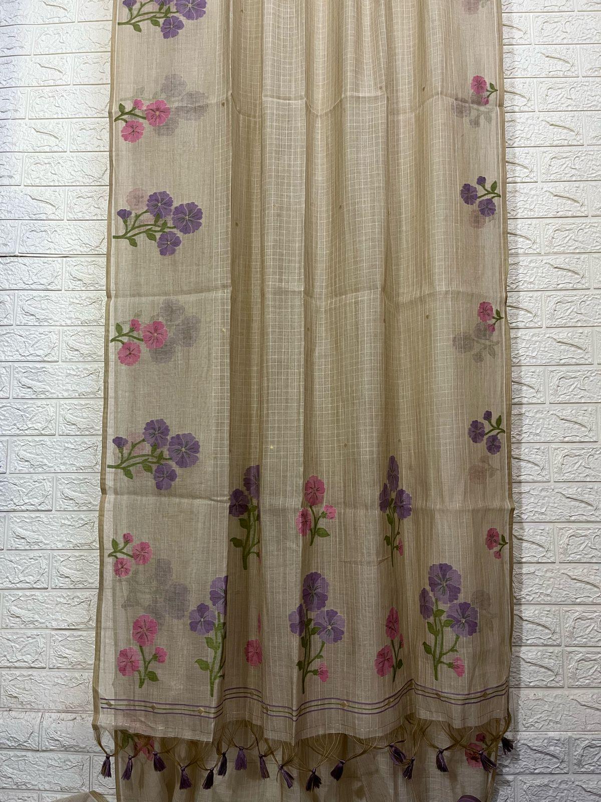 Cream colour with pink & purple floral handloom silk cotton jamdani saree - Tamal Boutique