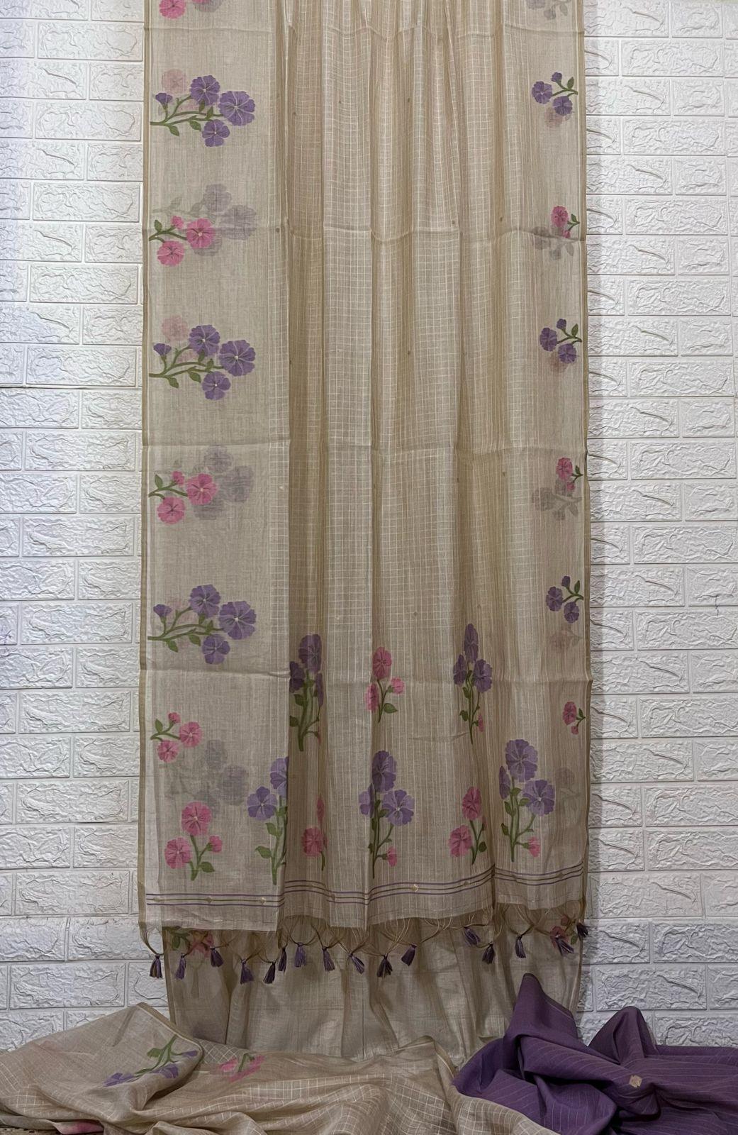 Cream colour with pink & purple floral handloom silk cotton jamdani saree - Tamal Boutique