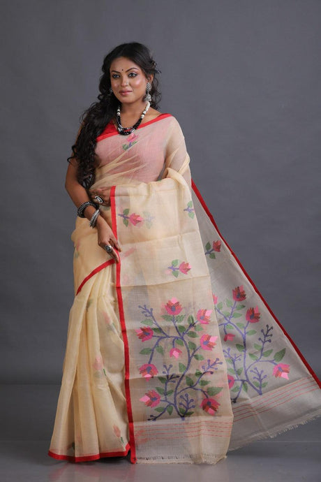Cream with Red border multicolour floral motifs handwoven muslin silk jamdani saree - Tamal Boutique