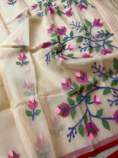 Cream with Red border multicolour floral motifs handwoven muslin silk jamdani saree - Tamal Boutique