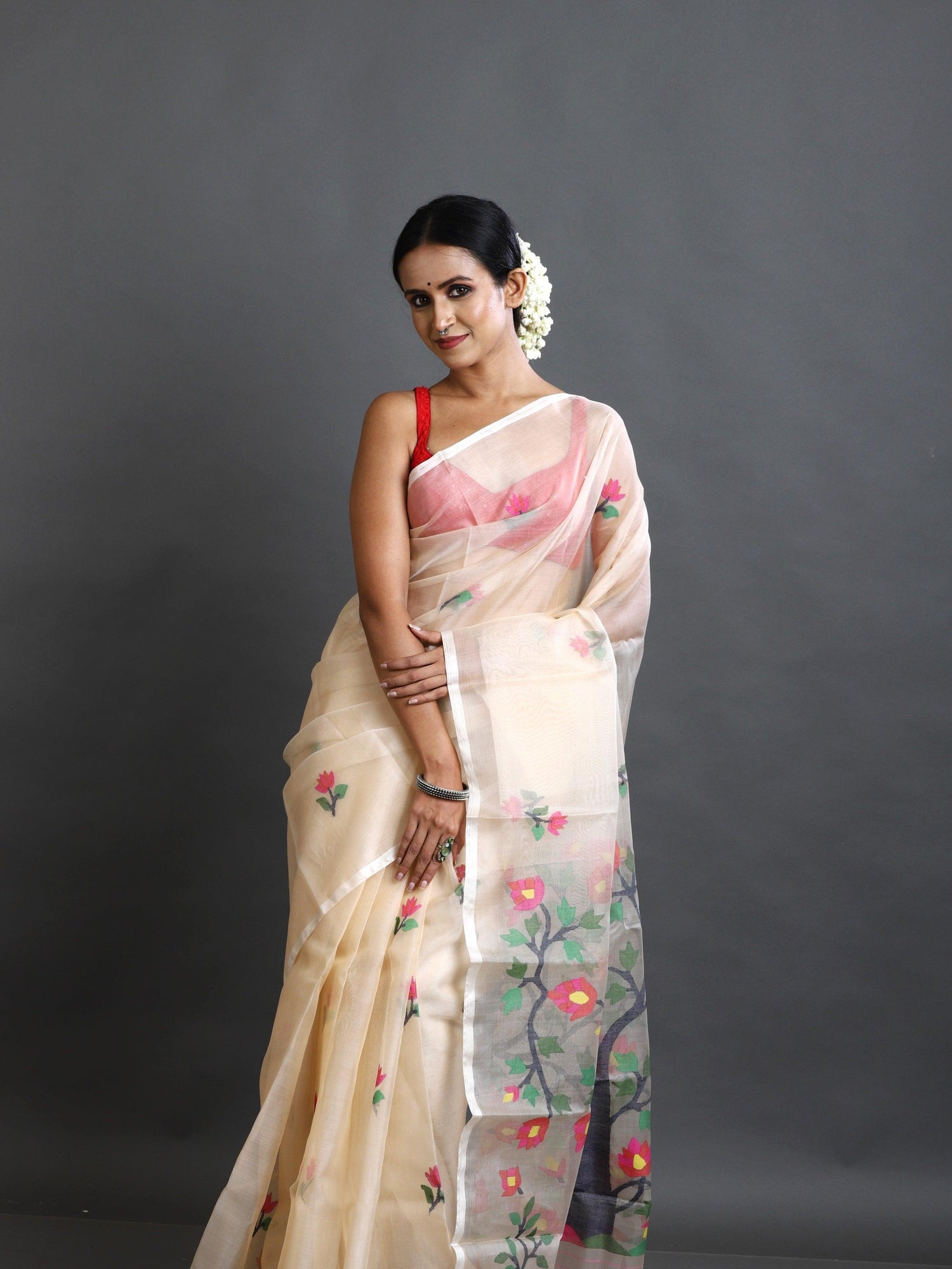 Cream with multi colour tree of life conceptual handwoven jamdani design in muslin silk saree - Tamal Boutique