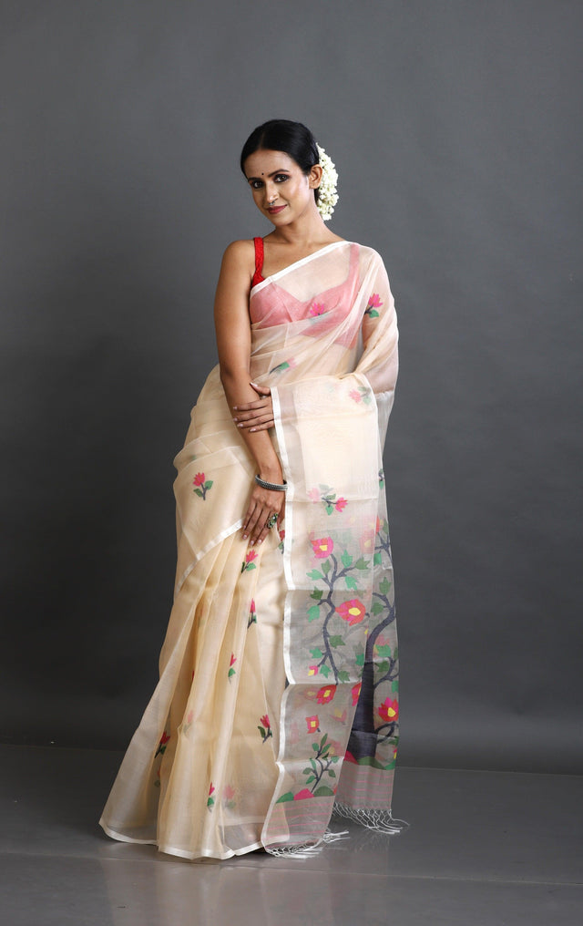 Cream with multi colour tree of life conceptual handwoven jamdani design in muslin silk saree - Tamal Boutique