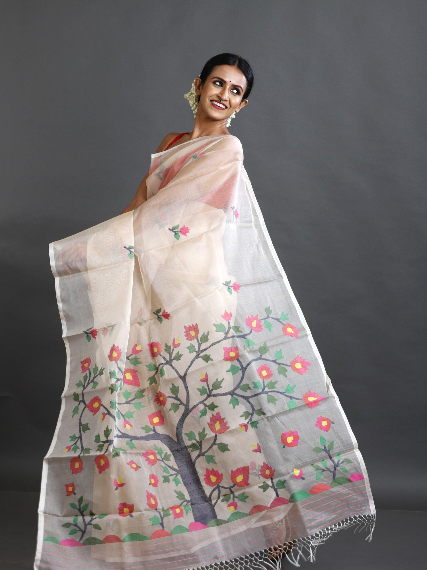 Cream with multi colour tree of life conceptual handwoven jamdani design in muslin silk saree - Tamal Boutique