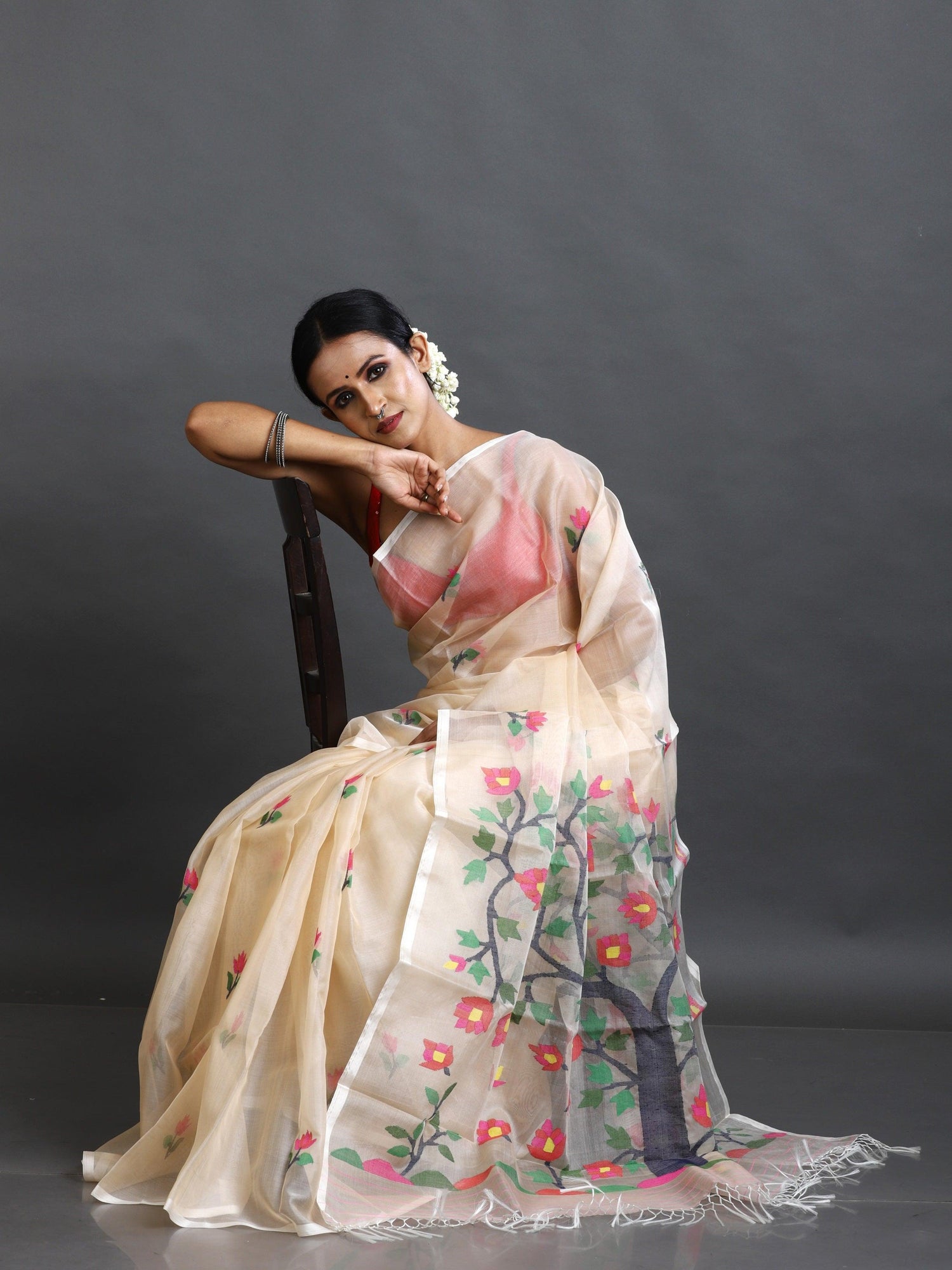 Cream with multi colour tree of life conceptual handwoven jamdani design in muslin silk saree - Tamal Boutique