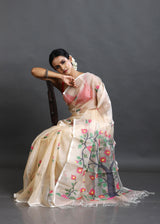 Cream with multi colour tree of life conceptual handwoven jamdani design in muslin silk saree - Tamal Boutique