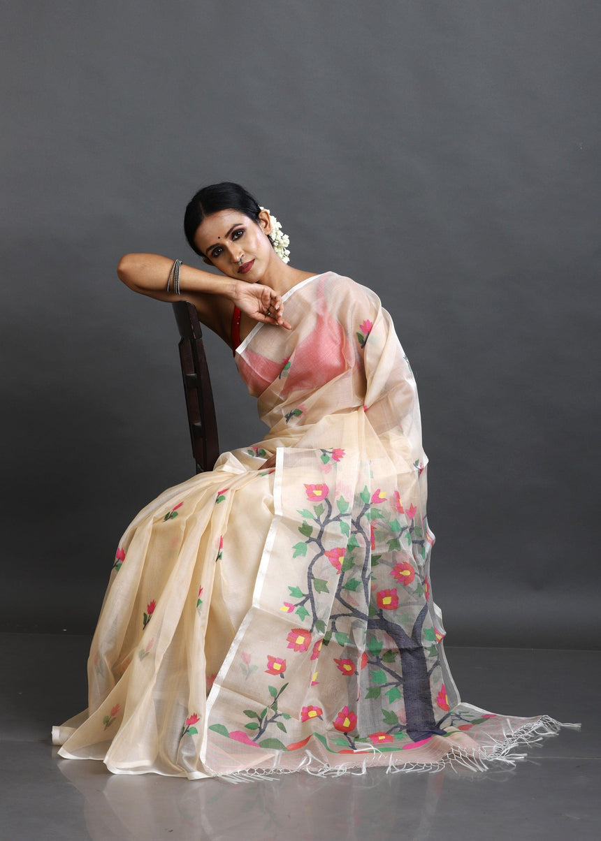 Cream with multi colour tree of life conceptual handwoven jamdani design in muslin silk saree - Tamal Boutique