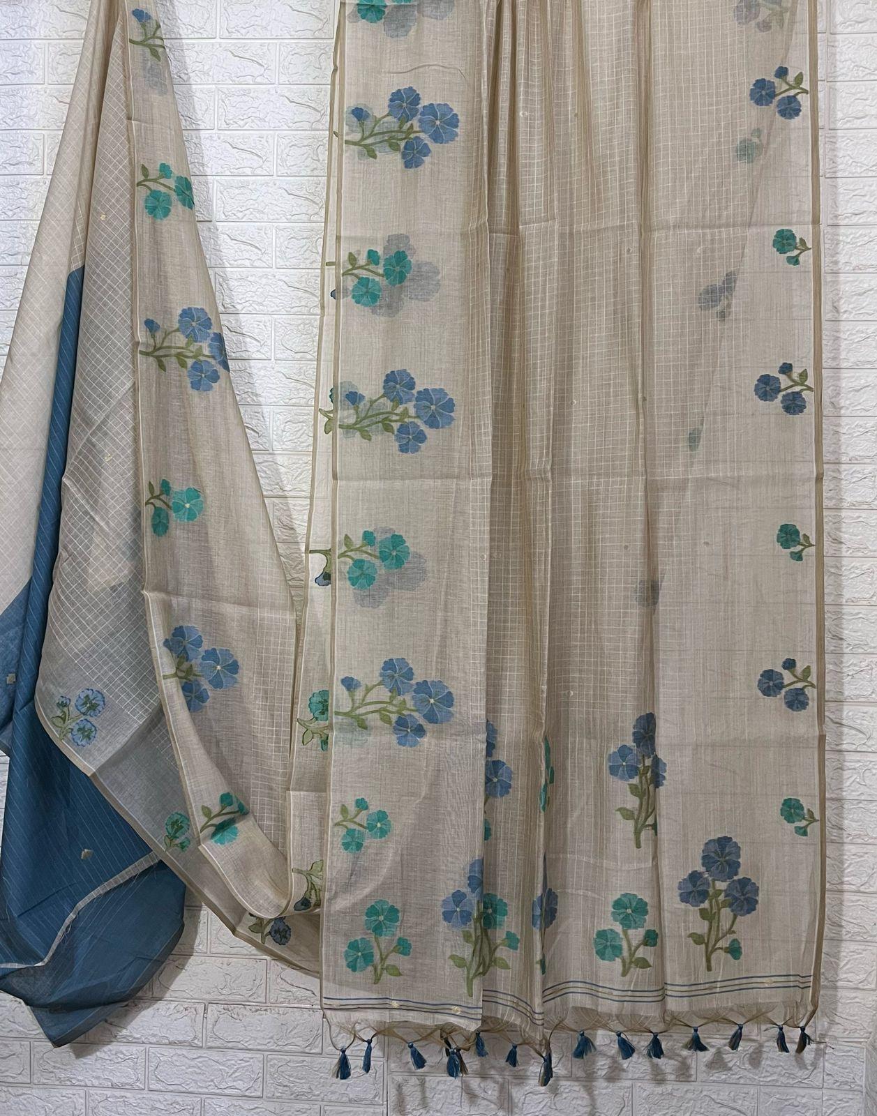 Cream colour with blue & firoza floral handloom silk cotton jamdani saree - Tamal Boutique