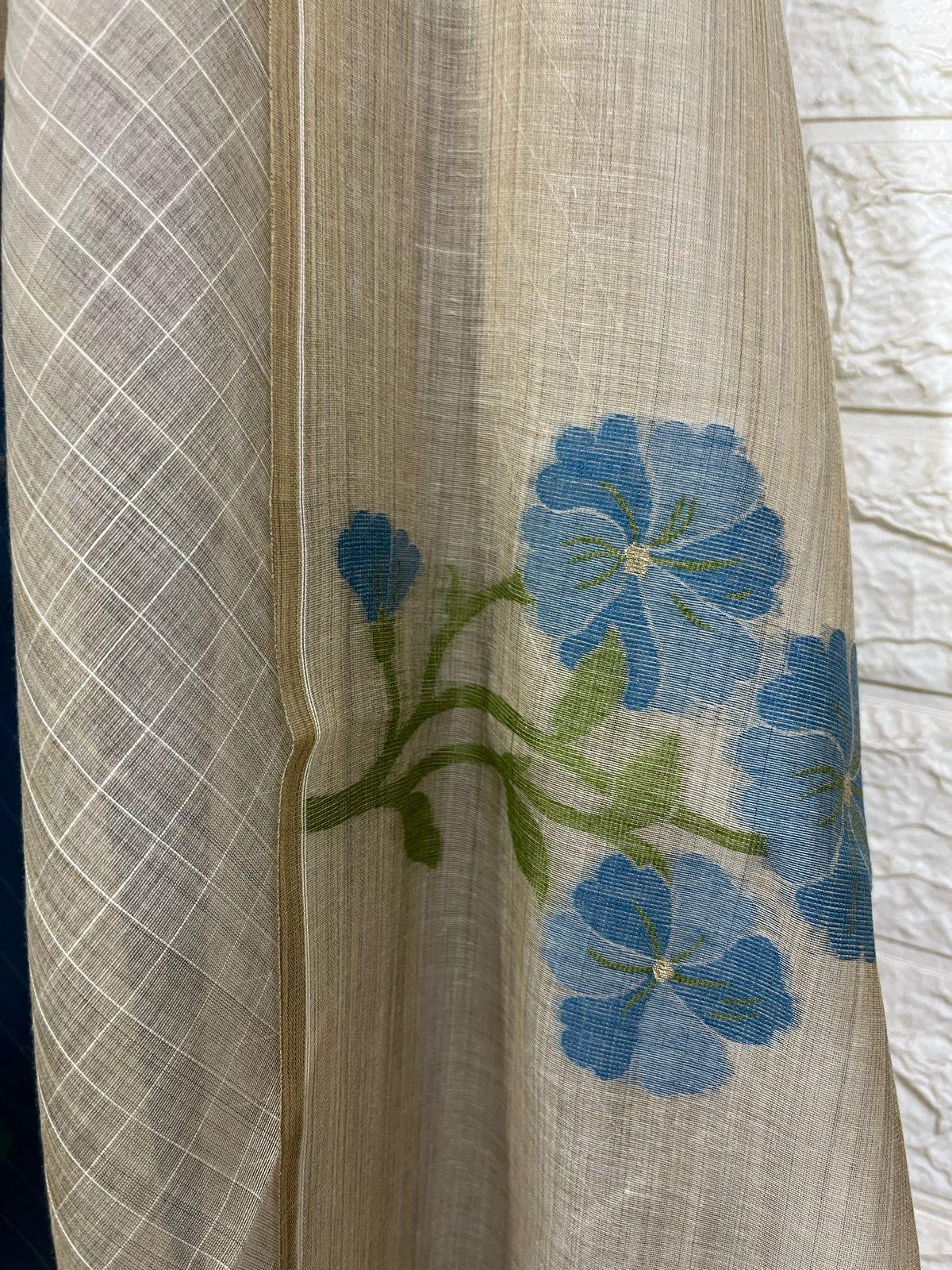 Cream colour with blue & firoza floral handloom silk cotton jamdani saree - Tamal Boutique