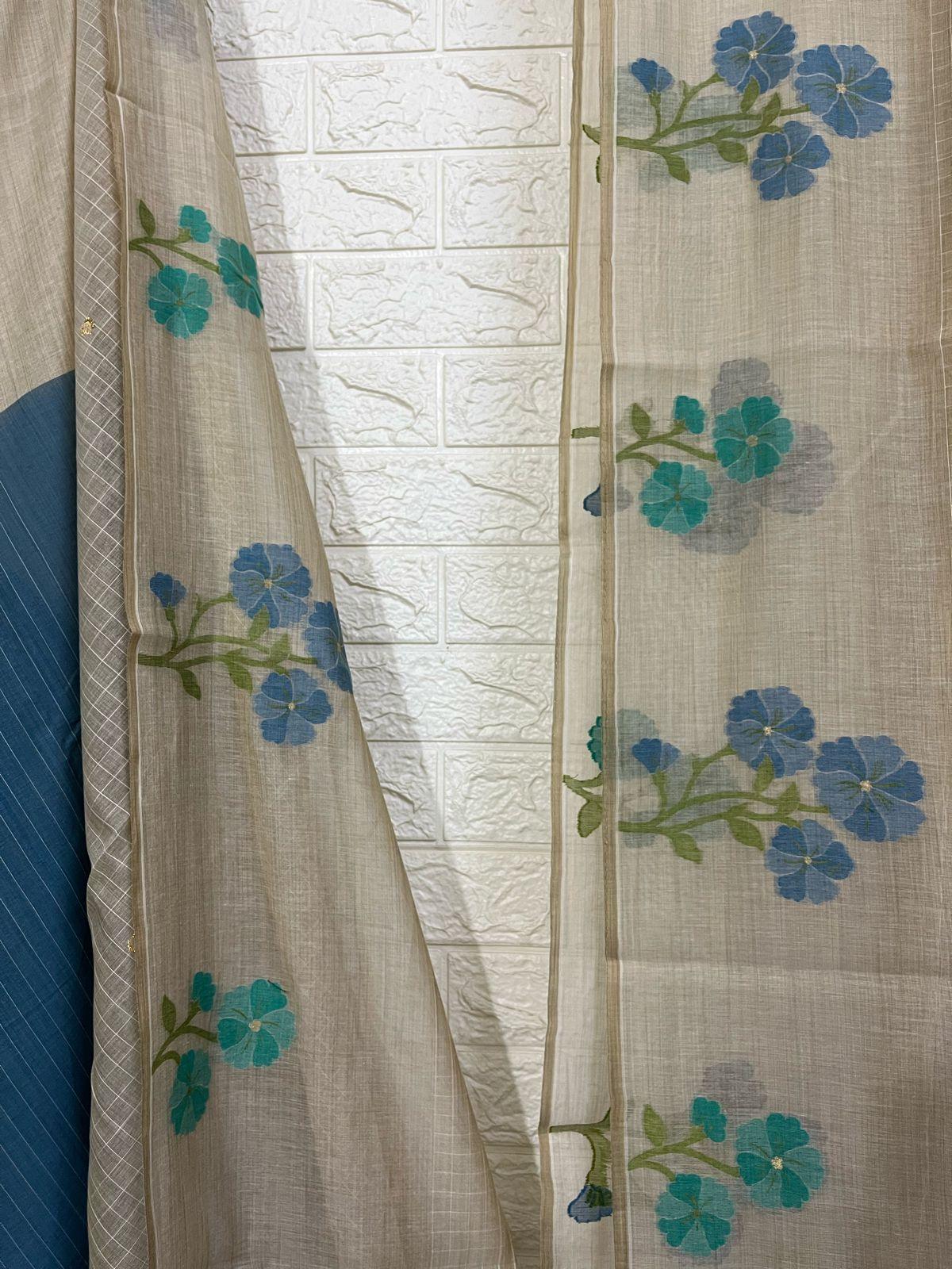 Cream colour with blue & firoza floral handloom silk cotton jamdani saree - Tamal Boutique