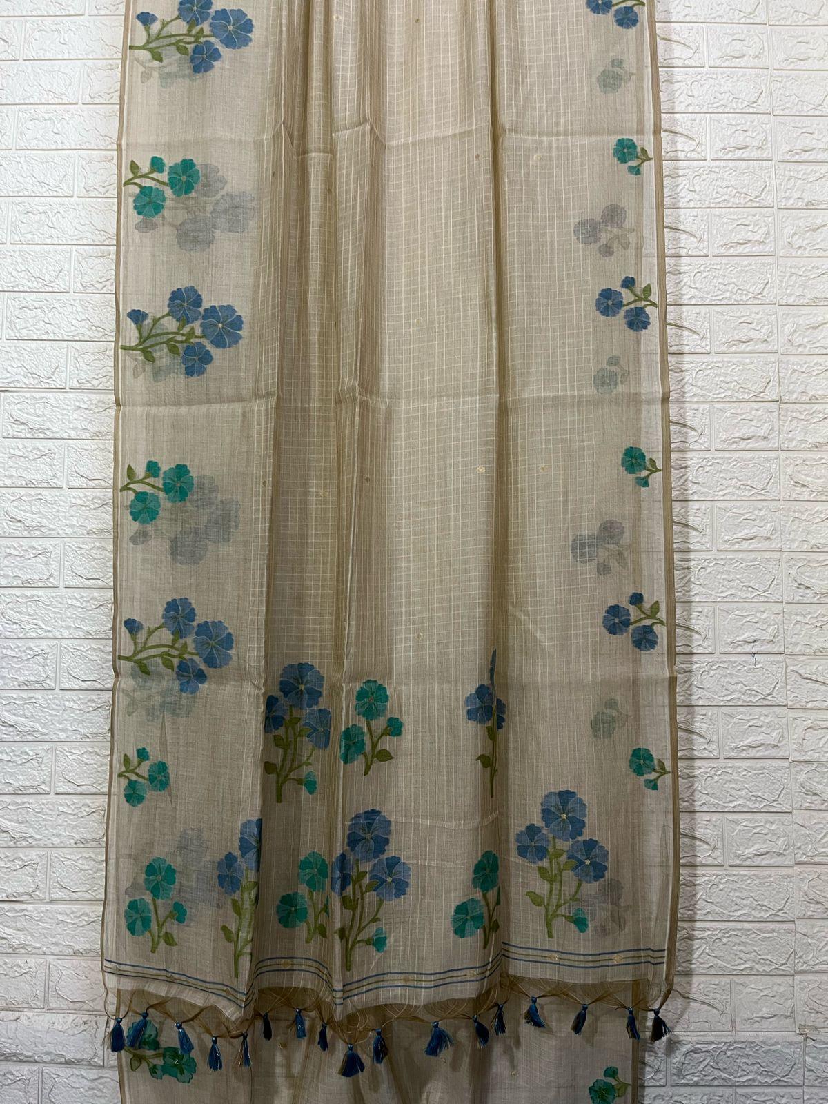 Cream colour with blue & firoza floral handloom silk cotton jamdani saree - Tamal Boutique