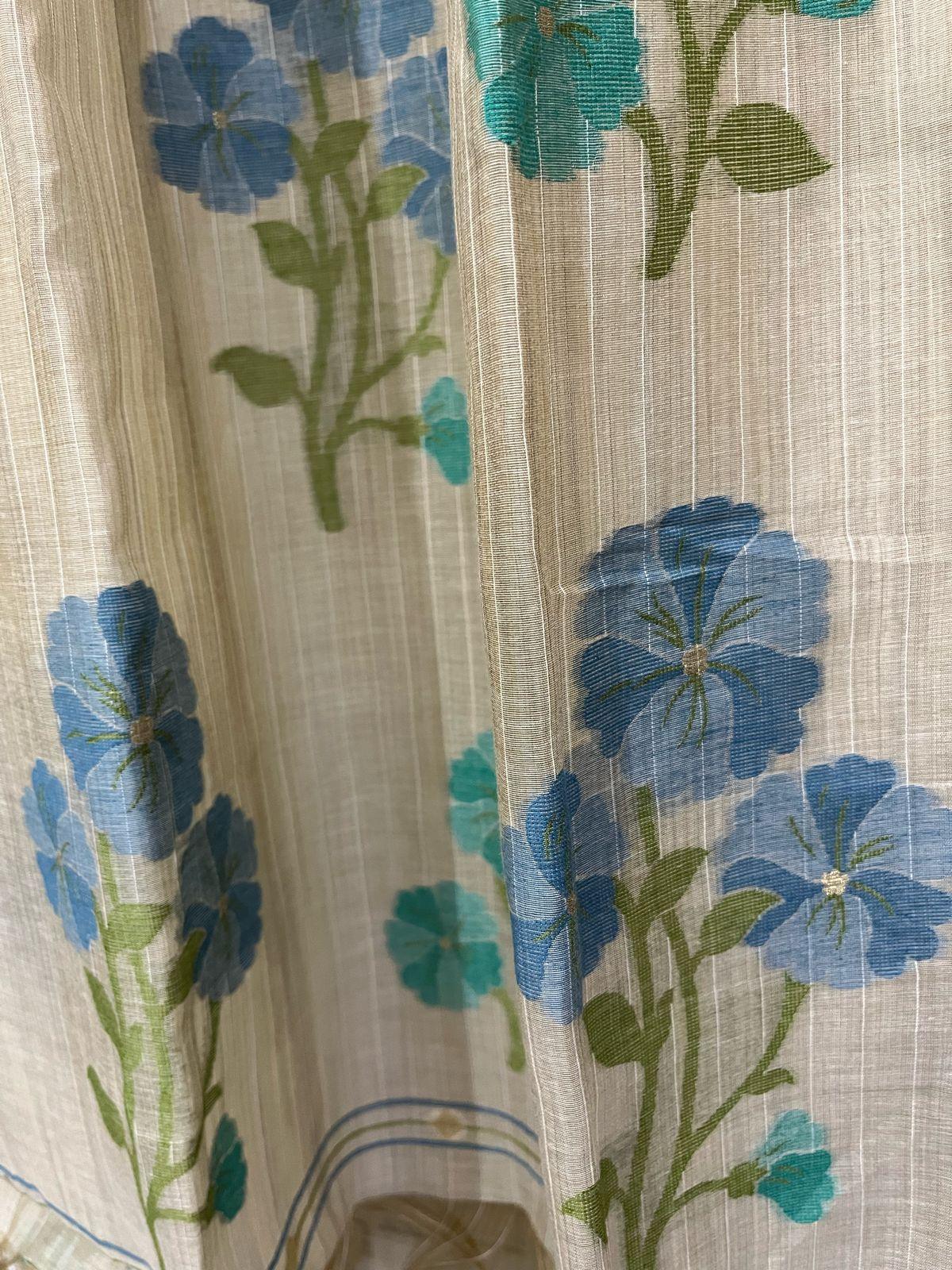 Cream colour with blue & firoza floral handloom silk cotton jamdani saree - Tamal Boutique