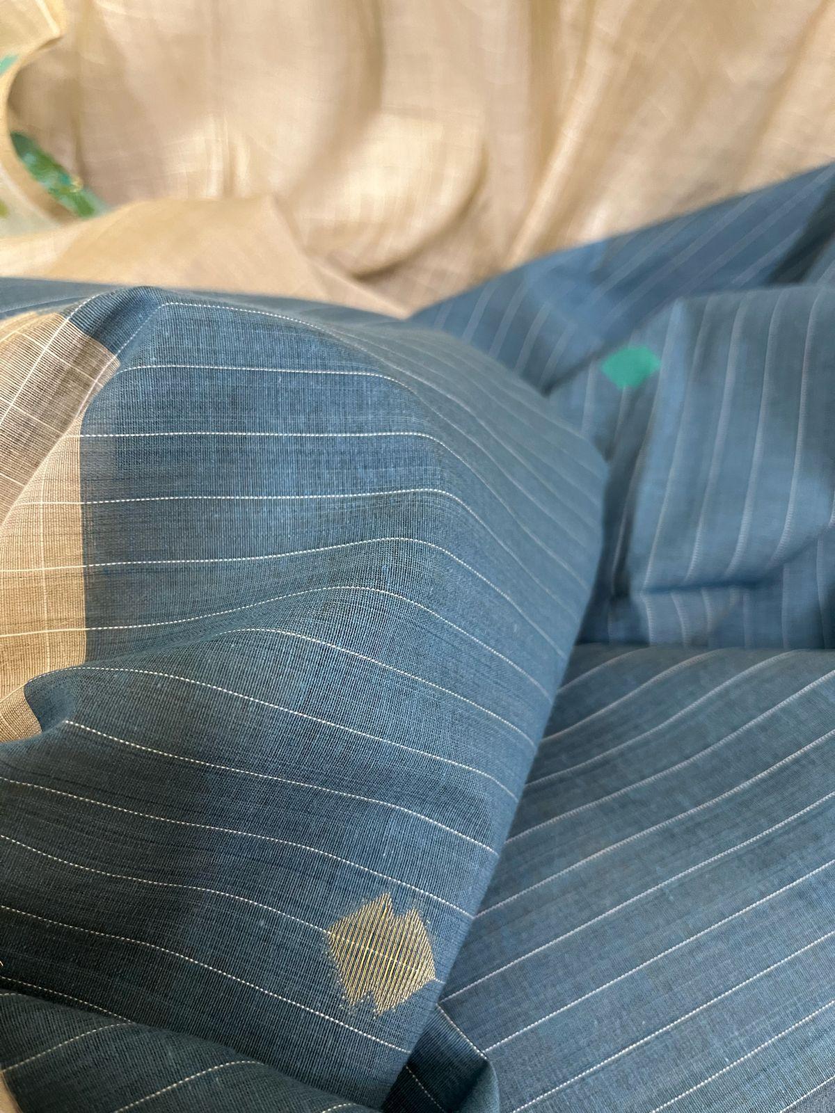 Cream colour with blue & firoza floral handloom silk cotton jamdani saree - Tamal Boutique