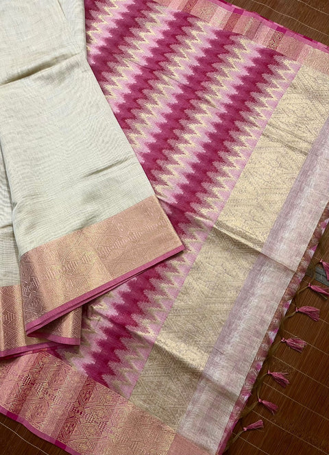 Cream with zari border pure cotton handloom saree