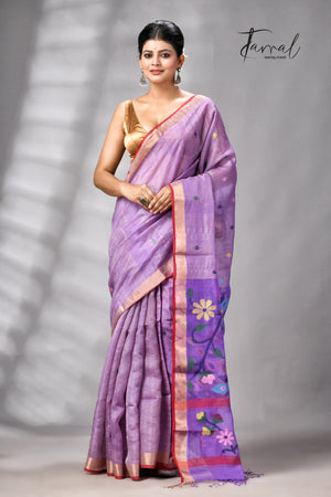 Lavender Peacock Design Pure Tussar Silk Handwoven Jamdani Saree