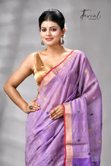Lavender Peacock Design Pure Tussar Silk Handwoven Jamdani Saree