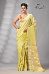 Lemon Yellow Muga & gachhi Tussar silk stripe handwoven Jamdani saree