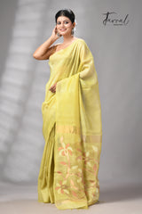 Lemon Yellow Muga & gachhi Tussar silk stripe handwoven Jamdani saree
