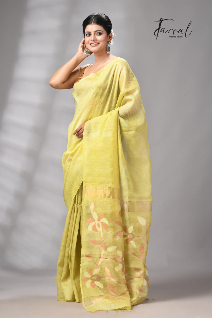 Lemon Yellow Muga & gachhi Tussar silk stripe handwoven Jamdani saree
